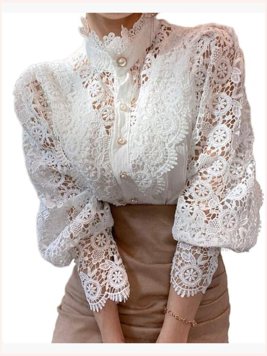 Tops - Elegant Lace Trim Victorian Blouse Long Sleeve Button Down Tops